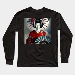 Japanese geisha with fan Long Sleeve T-Shirt